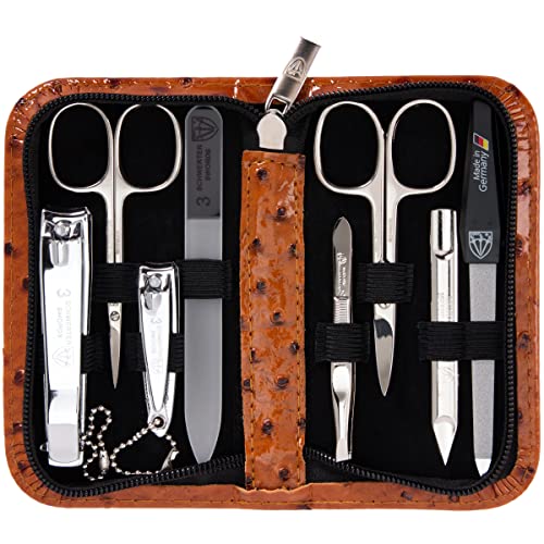 3 Swords Germany - brand quality 8 piece manicure pedicure grooming kit set synthetic leather case ostrich cognac - Made in Germany - color: OSTRICH BROWN