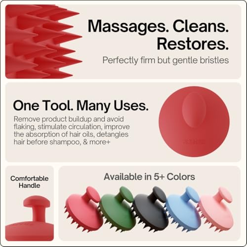 SXNSE - Revive Silicone Scalp Massager, Cherry - Manual Hair & Scalp Scrubber for Dandruff, Buildup, Itch, & Hair Growth - Soft Exfoliating Silicone Bristles for Wet & Dry Hair, Flake-Free Finish - color: Cherry