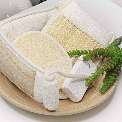 Coimoon Set (Made in Europe)- Exfoliating Organic Loofah Face Pads And Shower Sponge with Natural Pumice Stone, Loofa, Puff Sponge Scrubber Body For Men and Women (4 Piece Set, Natural)