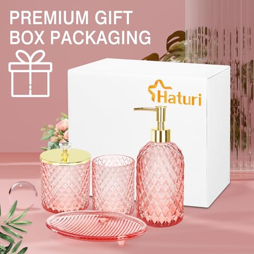 Haturi Pink Bathroom Accessories Set, 4 Pcs Glass Bathroom Accessory Set Complete w/Soap Dispenser, Toothbrush Holder, Qtip Holder, Vanity Tray, Gold Bathroom Set Decor, Gift for Girl Home Apartment - style: Light Pink