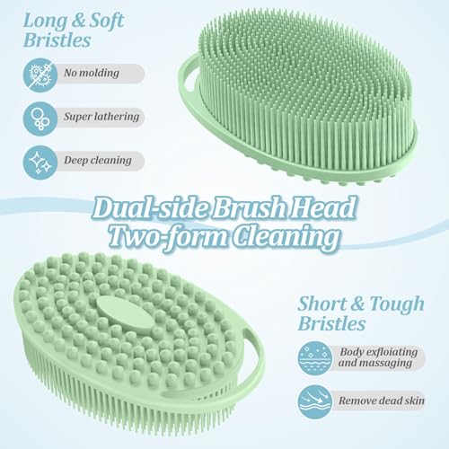 Soft Silicone Body Scrubber Set, 2PCS Dual-Side Silicone Loofah for Gentle Exfoliating and Scalp Massaging, Hygienic Shower Scrubber Shampoo Brush for Kids, Women, Sensitive Skin(Black+Green) - color: Black+green