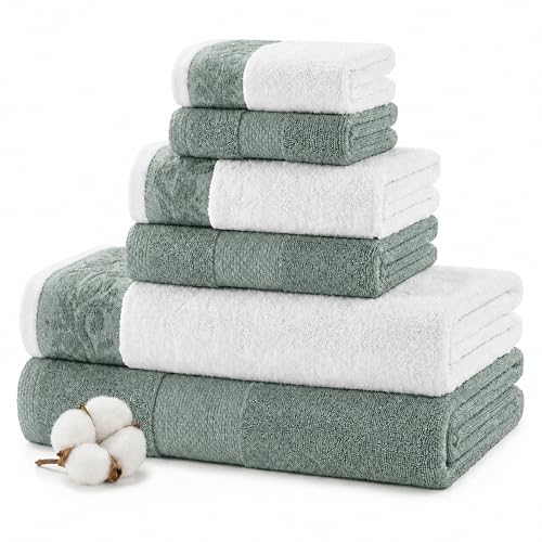 Modern Threads 600 GSM 6-Piece Towel Set with Filgree Jacquard Border Sage - color: Green, style: Jacquard Border