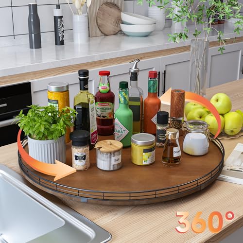 Farmhouse Oak 24" Lazy Susan Turntable Organizer for Cabinet, Round Wooden Lazy Susan Organization and Storage for Dining Table, Pantry, Kitchen, Countertop, Cupboard,Home Decor, Walnut - color: Walnut, size: 24 inches