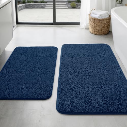 YIHOUSE Memory Foam Bathroom Rugs Sets 2 Piece - Extra Thick Soft Towel-Like Absorbent Bath Mat Set, Non Slip Machine Washable Bath Rugs Carpet for Bath, Tub and Shower (32"x20"+24"x17", Dark Blue) - color: Dark Blue, size: 1'5" x 2' (17"x24"+20"x32")