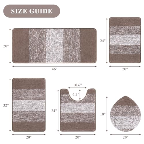 Bsmathom Bathroom Rugs Sets 5 Piece, Soft Absorbent Microfiber Bath Rugs with U-Shaped Contour Toilet Rug and Toilet Lid Cover, Thick Non-Slip Plush Shaggy Bath Mat Set,Coffee - color: Coffee, size: 18"x26"+20"x31"+20"x48"+U20"x24"+Cover19"x21"