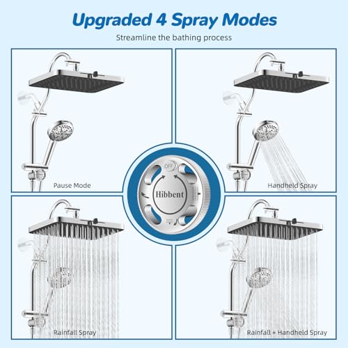 Hibbent cUPC Certified 13'' Shower Head Combo, High Pressure 5 Spray Rainfall Showerhead, 10 Spray Mode Handheld, All Metal Easy Reach 4-way Diverter Arm with Pause Mode, 71'' Hose and Holder, Chrome - color: Chrome, style: Square 13"
