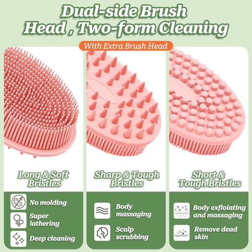 Silicone Face & Back Scrubber Set, Manual Face & Body Scrubber Exfoliator with Soft Bristles and Non-Slip Handle, Back Brush Bath Brush with 2 Detachable Brush Heads(3PCS Pink Set) - color: 3*pink Set