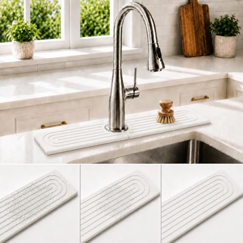 Self-Drying Stone Tray For Kitchen Sink,15.7" Water Absorbing Natura Diatomite Faucet Mat,Splash Organizer For Soap Dispenser,Sponge & Brush,Bathroom Vanity Rv Countertop Protector(White-Rectangle) - color: White-rectangle, size: 15.7" x 4"