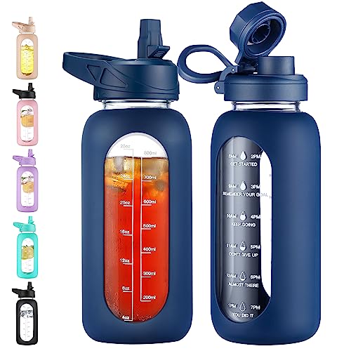 CIVAGO 32 oz Glass Water Bottle with Straw and Handle, Large Sports Motivational Water Bottle Flask with Time Marker and 2 Lids, Leakproof Water Jug Canteen with Silicone Sleeve for Gym,Navy - color: .Navy, size: 32 Ounces