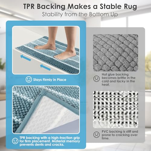 ArtyCozy Chenille Bathroom Rugs 3 Pieces, Extra Thick Absorbent Non Slip Bath Mats with U-Shaped Toilet Rug, Soft Plush Bath Floor Mat Machine Washable, Blue, 17"x24" Plus 20"x32" Plus 20"x24" - color: Blue, size: 17" × 24" + 20" × 32" + 20" × 24"