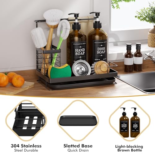 Kitchen Dish Soap Dispenser Set with 2 Pack 17oz Amber Glass Bottles - Rustproof Stainless Steel Organizer & Removable Tray - Farmhouse Soap and Sponge Caddy for Kitchen Sink Countertop Decor