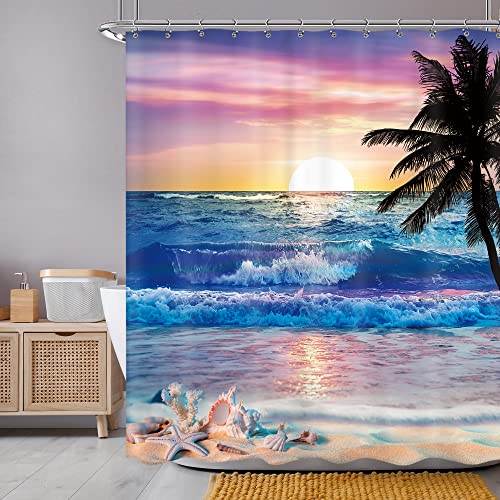 Newsely Ocean Sunrise Shower Curtain 60Wx72H Inch Beach Tropical Palm Tree Hawaiian Sunset Coastal Scenery Sea Wave Shower Curtain Bathroom Set Summer Waterproof Bath Decoration Accessories Home Decor - color: A-01beach Purple, size: 60"W x 72"L (Pack of