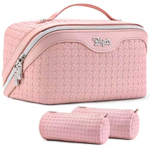 BOYATU Travel Makeup Bag Cosmetic Bags for Women: Large Capacity 3 Pcs Set Make up Bag with Compartments - Waterproof Vegan Leather Toiletry Organizer Bags with Handle (L39 Pink) - color: L39 Pink