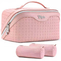 BOYATU Travel Makeup Bag Cosmetic Bags for Women: Large Capacity 3 Pcs Set Make up Bag with Compartments - Waterproof Vegan Leather Toiletry Organizer Bags with Handle (L39 Pink) - color: L39 Pink