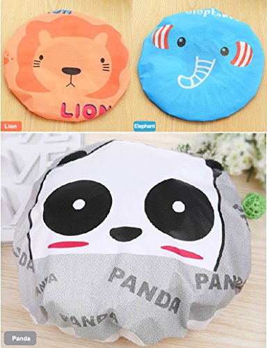 Cute Cartoon Waterproof Elastic Shower Cap Bath Cap,Pack of 3 Pcs(Panda+Elephant+Lion)