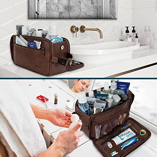 PAVILIA Toiletry Bag for Men, Travel Essentials Shaving Dopp Kit, Mens Travel Bag Toiletries Organizer Case for Grooming, PU Leather Water Resistant Cosmetic Bag Pouch (XL, Dark Brown) - color: Dark Brown, size: Extra Large (12x6x7)