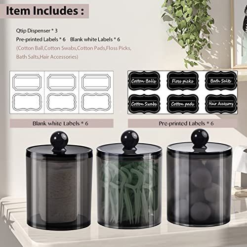 SheeChung 3 Pack Qtip Holder, Apothecary Jars with Lids, Cotton Round Holder with Labels,Minimalist Shatterproof Bathroom Organizer Set for Cotton Swabs,Balls,Pads,Bathroom Accessories (Black) - size: 3pack