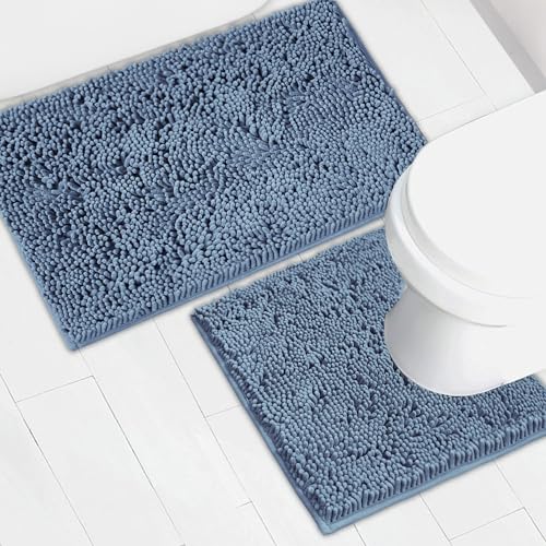 Bathroom Rugs Chenille Bath mat 2 Piece Set, Super Absorbent, Strong PVC Non Slip Backing, Bath mats for Bathroom, Plush Shaggy, Thick, Machine Washable, Bathtub, Toilet .(Medium Blue) - color: Medium Blue, size: 20''×20''U-Shape+20''×32''