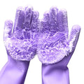 Silicone Dishwashing Gloves, Pet Grooming Rubber Scrubbing for Dishes, Sponge Wash Cleaning with Scrubbers (13.6" L) - color: Purple
