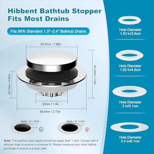 Hibbent 2 Pack 3 in 1 Metal Bathtub Drain Stopper, Universal Pop Up Tub Stopper with Removable Filter Basket, Anti-Clogging Bathtub Hair Catcher for 1.5''~2.4'' Drain, Brass Bullet Core, Silver - color: Silver Finish