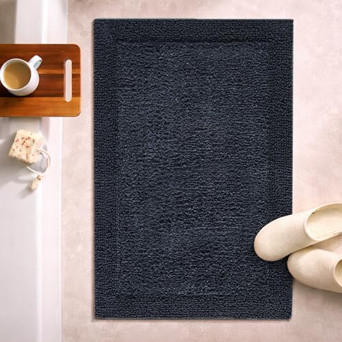 Bedding Craft Cotton Bath Mat Rug 21x34, Reversible Bathroom Rug, Water Absorbent, Machine Washable, Soft Cloth Bathmat for Outside Bathtub, Black - color: Black, size: 1'9" x 2'10" (Rectangular)