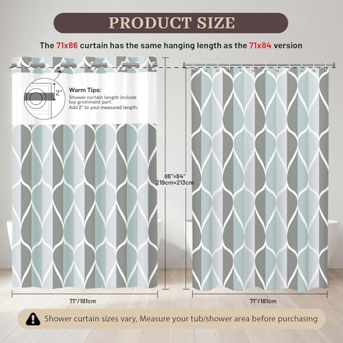 Yiatn No Hook Grey Extra Long Shower Curtain with Snap in Fabric Liner Set - Hotel Style with See Through Mesh Top Window, Modern Geometric Waterdrop Design,Waterproof and Washable, 71x86 INCH - color: A. Grey, size: 71"W x 86"L (Pack of 1)