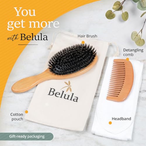 Belula 100% Boar Bristle Hair Brush Set (Medium). Soft Natural Bristles for Thin and Fine Hair. Restore Shine And Texture. Wooden Comb, Travel Bag and Spa Headband Included! - size: Medium