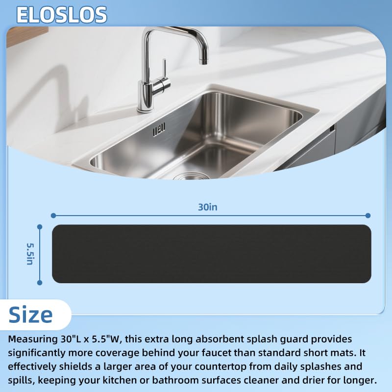 30"L x 5.5"W Customizable Sink Faucet Mat for Kitchen Sink 2 Holes & 3 Holes, DIY Cut for Oval/Rectangle/Square Faucets, Extra Long Quick-Drying Absorbent Splash Guard Counter Protector, Black - style: 1 Pcs Black