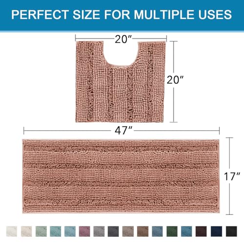 H.VERSAILTEX Bathroom Rugs Bath Rug Set 2 Piece Bathroom Contour Rug Toilet Mat Non Slip Contour Bath Rug Ultra Thick Water Absorbent Striped Bath Mats Washable(47" x 17" Plus 20" x 20" U, Muted Clay) - color: Muted Clay, size: 47" x 17" Plus 20" x 20" U