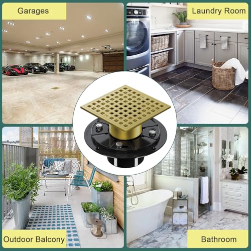 4 Inch Shower Floor Drain with Flange - Square Shower Drain with Hair Strainer - Removable Strainer Cover - SUS304 Stainless Steel - Brushed Gold - color: Brushed Gold