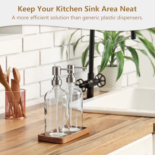 Clear Glass Soap Dispenser Set with Acacia Wood Tray, Refillable Hand Soap Pump Bottle for Kitchen, Bathroom Countertop, Modern Farmhouse Soap Dispenser Set - color: Clear