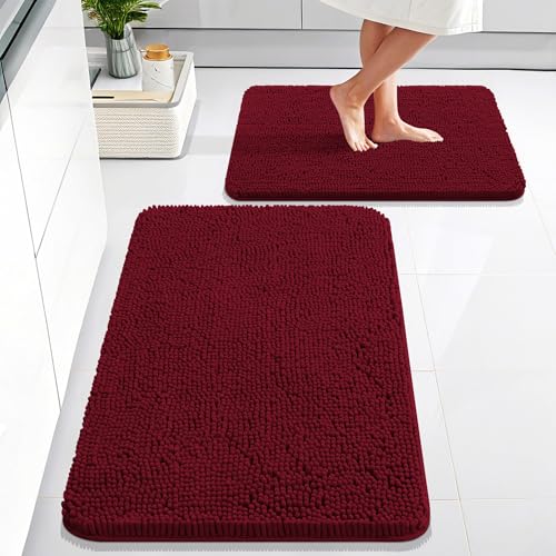OLANLY Bathroom Rugs Sets 2 Piece, Soft Absorbent Chenille Bath Mats Area Rug Set, Non-Slip, Quick Dry, Machine Washable Bath Mats for Bathroom, Home Decor Accessories (30"x20"+24"x16", Burgundy) - color: Burgundy, size: 30" X 20" + 24" X 16"