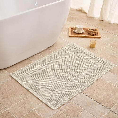 Waffle Bath Mat Non Slip, Boho Bathroom Rug, Super Absorbent Quick Dry Bathroom Mat, Soft Farmhouse Bath Rug with Tassels, Small Washable Shower Mats for Floor 20"x32", Square Cream - color: Square Cream, size: 1'8" x 2'8" (Rectangular)