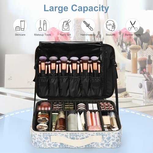 Relavel Large Makeup Bag, Floral Cosmetic Bag for Women, Professional Travel Train Case Portable Makeup Artist Bag Make Up Storage Organizer Box with Adjustable Dividers and Makeup Brush Compartment - color: Floral Print, size: Large