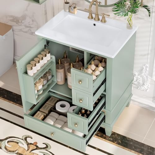 Linique 24" Bathroom Vanity with Sink Combo Set, Solid Wood Frame Bathroom Storage Cabinet with 3 Drawers, Soft Closing Door with Organizer, Light Green - color: Light Green, size: 24"/ Door with Organizer