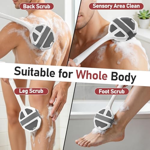 Back Scrubber for Shower 2 Pack, Silicone Scrub Brush with Long Handle & Unique Soft Body Scrubber, Detachable Body Brush Shower Lather Well Deep Clean Exfoliating for Women Men Sensitive Skin Gy&Pk - color: Pink+grey Flock