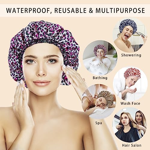 4 PCS Shower Caps for Women, Elastic and Reusable Bath Caps, Double Waterproof Layers Shower Cap, Bathing Shower Caps, Environmental Protection Hair Bath Hat - Printed Color - color: Printed Color 4 PCS/Set