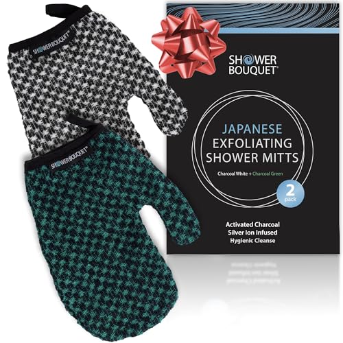 Japanese Exfoliating Mitt 2-Pack - Charcoal & Silver Ion Exfoliating Gloves for Shower - Soft Inner Fabric Gentle Exfoliation & Deep Cleansing Body Scrub Gloves for All Skin Types - 1 White, 1 Green - color: Charcoal Green + Charcoal White, size: 1 Count