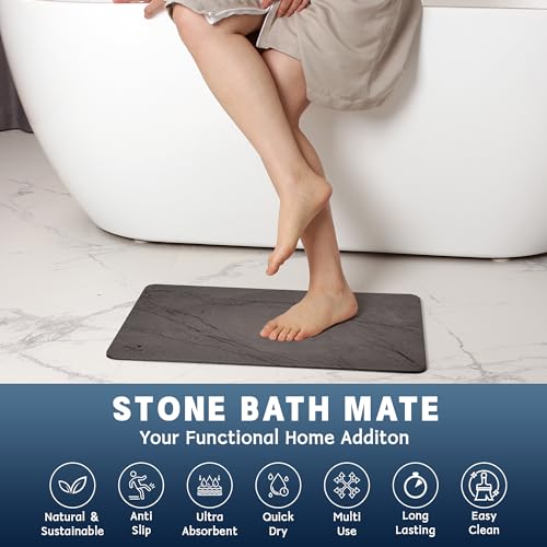 Stone Bath Mat,Diatomaceous Earth Shower Mat,Fast-Drying Stone Bathroom Floor Mat,Absorbent Non-Slip Diatomite Mats for Bathtub,Grey Marble - color: Grey Marble-24*16-1 Pack