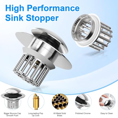 Universal 3 in 1 Bathroom Sink Drain Strainer,Pop Up Bathroom Sink Stopper with Removable Filter Basket,Sink Hair Catcher,Bathroom Drain Stopper Sink Plug for 1.1"-1.65" Basin Drain Holes (Sliver) - color: Sliver