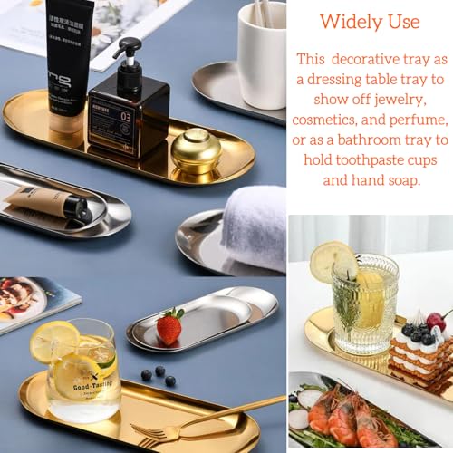 Stainless Steel Decorative Tray 2 PC, 10.2 Inch & 8.7 inch, Metal Serving Tray Jewelry Dish Cosmetics Organizer Bathroom Clutter Serving Platter Small Storage Tray, Oval（Gold & Silver）