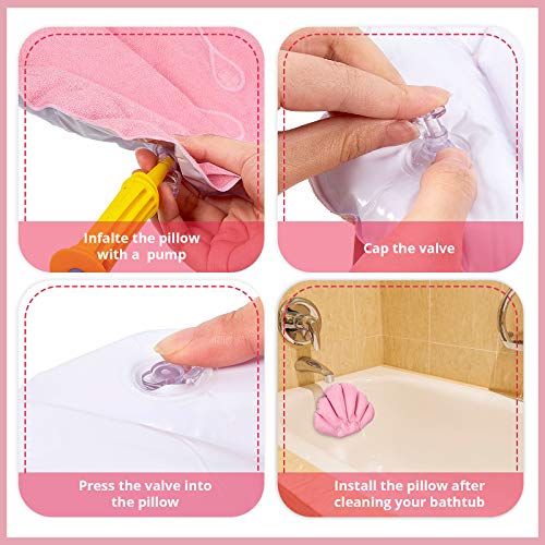 2 Pieces Inflatable Bath Pillow with Suction Cups, Terry Cloth Covered Bath Pillow Shell Shape Bathtub Spa Pillow Comfortable Soft Bath Cushion, Neck Support for Bathtub, Hot Tub, Home Spa Tub