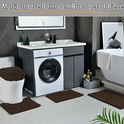 Bathroom Rugs Sets 4 Piece, Extra Soft Absorbent Chenille Bath Rugs, Non Slip Rubber Backing Machine Washable Quick Dry Bath Mats for Bathroom Floor, Tub, Shower, Home Decor Accessories, Brown - color: Dark Brown