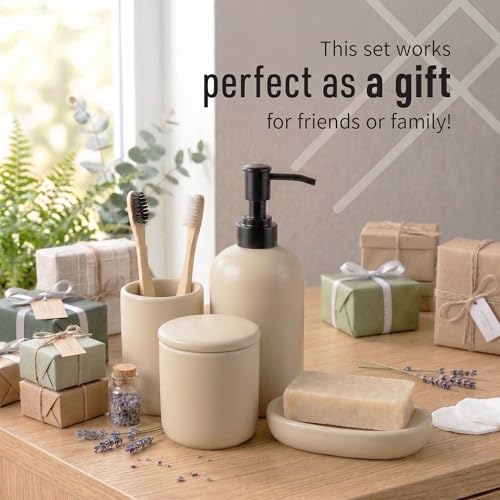 Ceramic Bathroom Accessories Set 4 Pcs – Modern Scandinavian Neutral Bathroom Soap Dispenser Set with Toothbrush Holder, Soap Dish & Cup – Minimalist Bathroom Accessory Set Decor - Cream/Light Beige - color: Cream