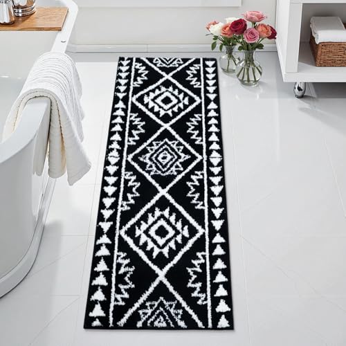 Uphome Black Long Bathroom Rug Boho Tribal Bathroom Runner Western Non-Slip Washable Bath Mat Fluffy Soft Absorbent Farmhouse Aztec Floor Carpet for Kitchen Hallway Bedroom, 20x60 inch - size: 20x60 inch