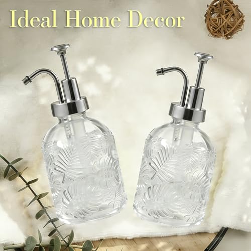 11.8Oz Vintage Glass Bathroom Soap Dispensers with Silver Pump, Refillable Kitchen Dish Soap Dispenser with Embossed Leaf, Modern Farmhouse Hand Soap Liquid Bottle -2 Pack - color: Clear/White Silver, size: 2Pack