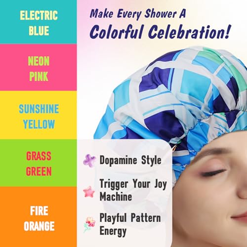 Years Calm Shower Caps for Women Reusable Waterproof, Double-Layer Extra Large Elastic Hair Cap for Shower for Long Hair & Braids, Travel & Home - color: blue