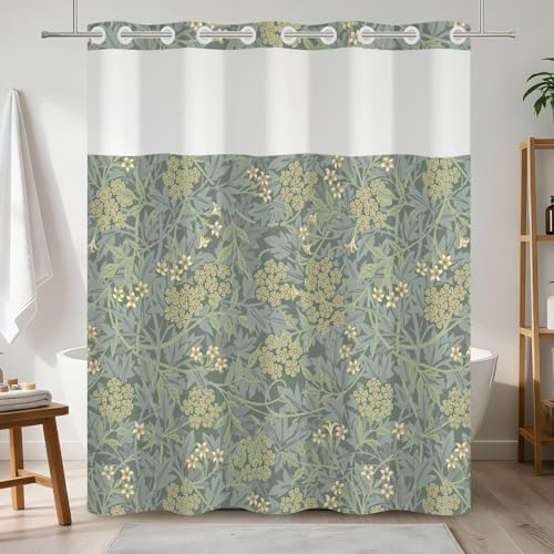 No Hook Farmhouse Floral Shower Curtain with Snap in Liner Set | 71x74 Inch Shower Curtains for Classic Farmhouse Bathroom, Sage Green Botanical Garden Bath Curtain with Mesh Top Window - color: Floral-a