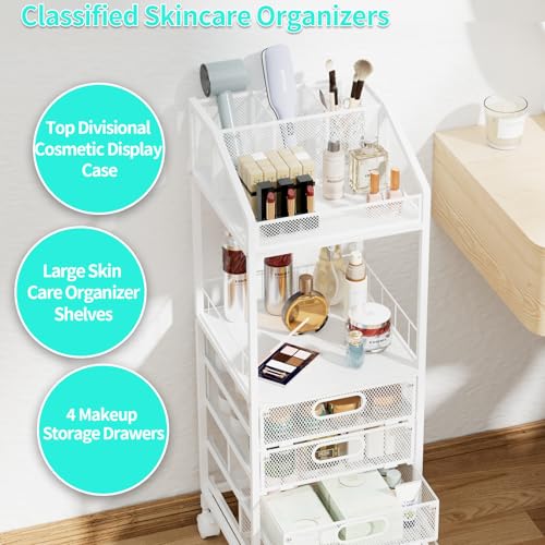 HapiRm Makeup Organizer Storage Cart - Floor Skincare Make Up Storage with 4 Drawers, Rolling Makeup Cart Vanity Organizer Cosmetics Display Cases Holder for Skin Care Perfume Nail Polish - color: White