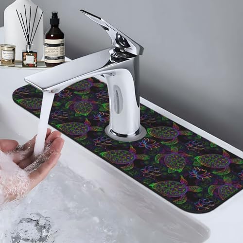 Sea Turtle Psychedelic Mandala Boho Colors 15" X 5.5" Kitchen Sink Splash Guard Faucet Faucet Guard Draining Mat Sink Splash Guard Faucet Kitchen Bathroom - color: Sea Turtle Psychedelic Mandala Boho Colors